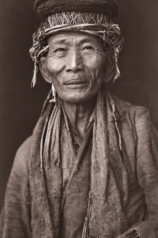 Prompt: ultra realistic vintage photo portrait of a tibetan man with a birdcage in the chest, by Annie Leibovitz,