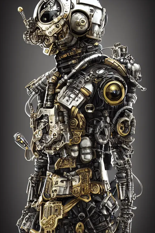 Prompt: Portrait of a dieselpunk sci-fi cyborg ninja, third person, D&D, sci-fi fantasy, pistons and bolts, intricate, black and gold, highly detailed, art by Range Murata, highly detailed, isometric 3d, octane render, bright colors, digital painting, trending on artstation, sharp focus, illustration style of Stanley Artgerm,