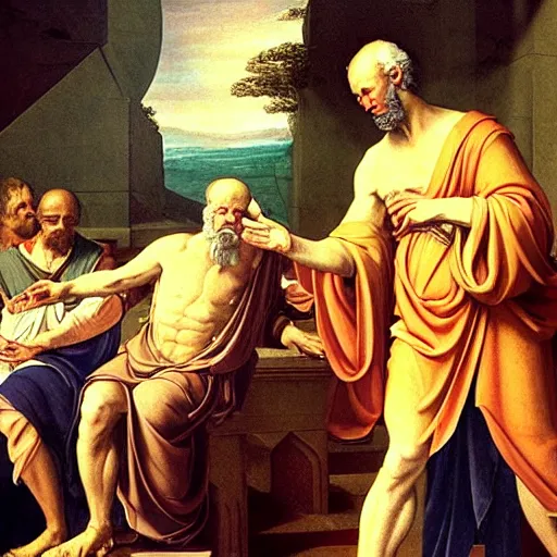 Image similar to socrates wearing a virtual reality headset looking up towards the stars, renaissance painting