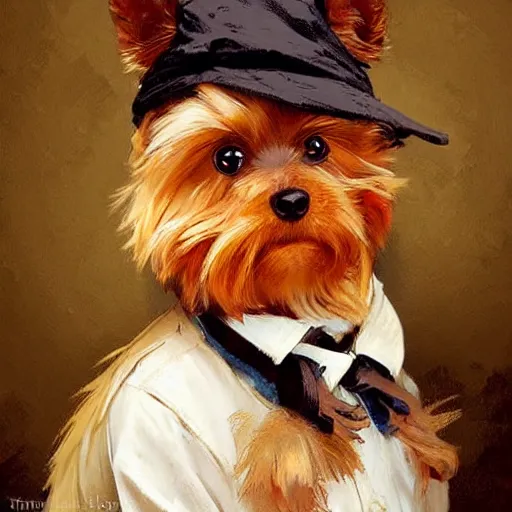 Prompt: cute yorkshire terrier delivery guy, Renowned character illustration by greg rutkowski, thomas kindkade, alphonse mucha, loish, norman rockwell. Trending on furaffinity. Digital art.