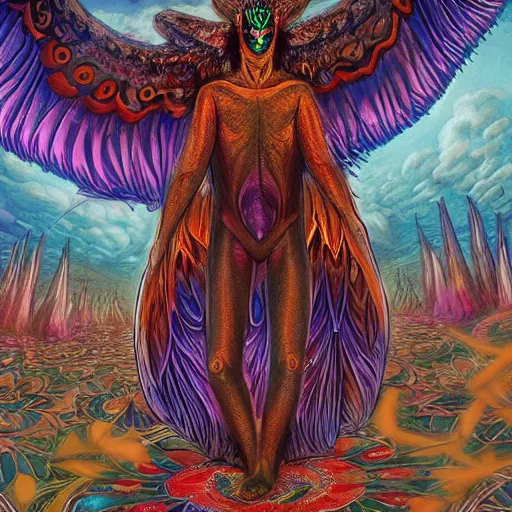 Image similar to A centered chest up portrait of a psychedelic godlike mothman with giant mandala wings smoking a hand-rolled cigarette smoking heavily , magic mushroom village in background , award winning. superb resolution. in the art style of junji Ito and greg rutkowski . Detailed Mushroom city in background. Hyper realistic anime. Perfect art. Dalle2