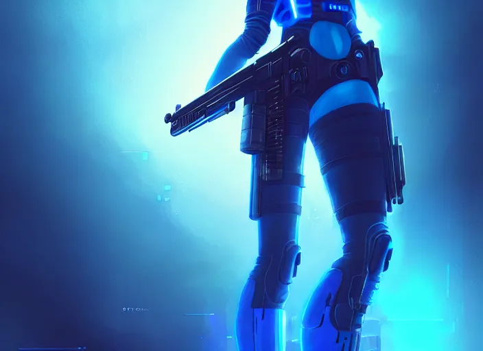 Prompt: a futuristic cyberpunk blue and white neon sniper, diffuse lighting, fantasy, highly detailed, photorealistic, digital painting, artstation, illustration, concept art, smooth, sharp focus, in the style of tom bagshaw