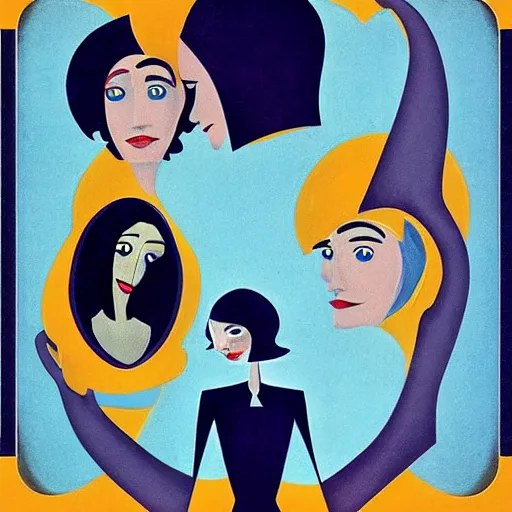 Image similar to “Coraline movie ‘other mother’ portraiture, art deco, 1950’s, solid shapes”