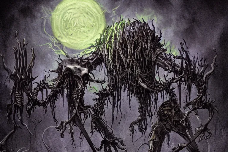 Image similar to D&D Monster Manual, undead skeletal creature that's goopy and half-ooze, shambling with glowing irises in eye sockets, heavy fog, eery dead swamp setting