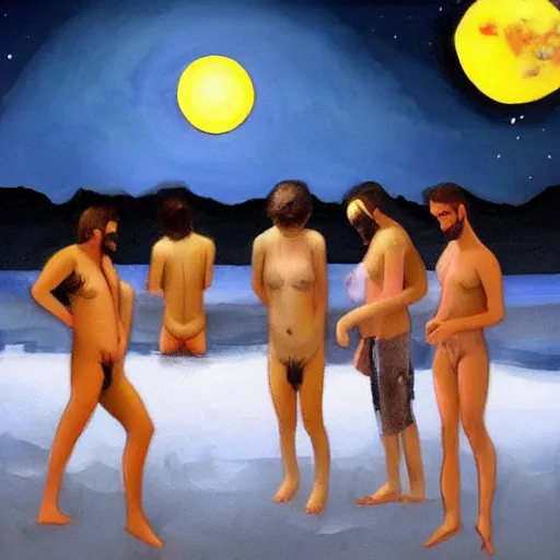 Image similar to five guys skinny dipping in the moonlight, trending on artstation