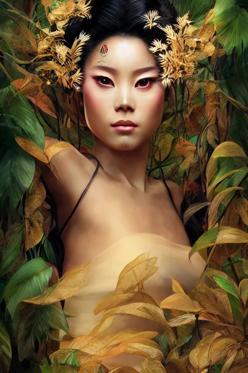 Image similar to stunningly beautiful, peruvian geisha prima ballerina in jungle, symmetrical face, golden hour, smooth, focus, highly detailed, hyper realistic, dramatic lighting, elegant, intricate, concept art, art by wlop, mars ravelo, greg rutowski, artstation