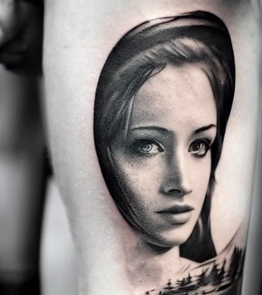 Prompt: a beautiful girl portrait faded in beautiful mountains, realism tattoo, in the style of den yakovlev, black and white, hyper realistic, highly detailed