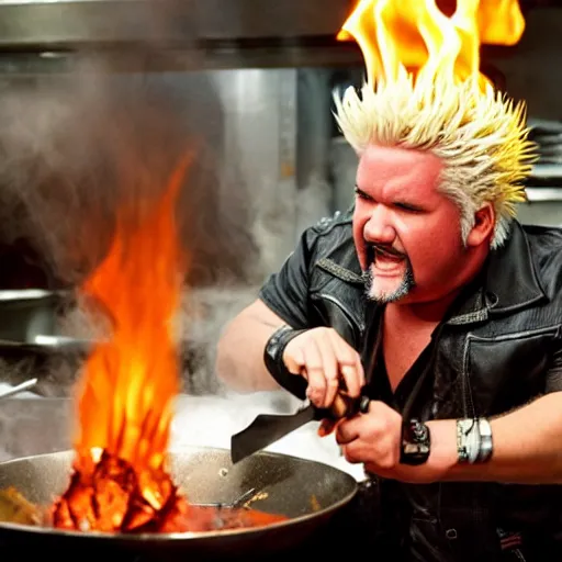 Prompt: guy fieri with tentacles and blade like hair and sharp teeth, in a restaurant kitchen with fire and boiling oil, film still from the movie directed by denis villeneuve with art direction by salvador dali