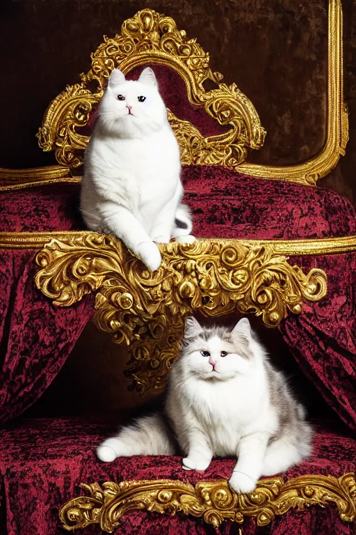 Prompt: a wet plate photo portrait of a magnificent fluffy fat royal cat on an embroidered velvet cushion on a neo - rococo gilded little bed, by david lachapelle, photorealistic, photography, wide shot