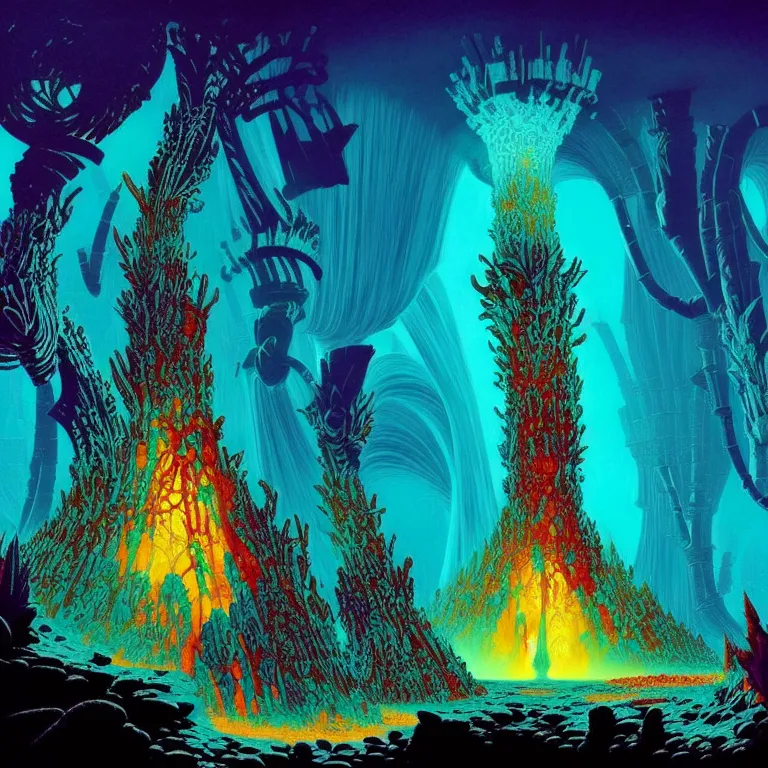 Prompt: the kiln of the first flame from dark souls 3, infinite fractal tesseract, vibrant, synthwave, bright neon colors, highly detailed, cinematic, eyvind earle, tim white, philippe druillet, roger dean, ernst haeckel, lisa frank, aubrey beardsley, kubrick