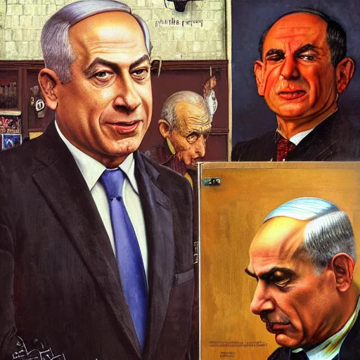 Image similar to absurdist art of benjamin netanyahu, by michael cheval and norman rockwell