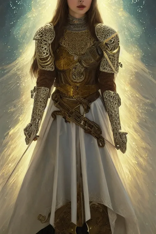 Image similar to ana de armas beautiful and victorian and holy and divine and elite young medieval female white armor knight portrait +shiny eyes+front face with long flowing hair, white hair, ultradetail face, gold filigree, body covered in fire, art and illustration by tian zi and craig mullins and WLOP and alphonse mucha, fantasy, sci-fi, intricate complexity, human structure, human anatomy, fantasy character concept, watermark, blurry, hyperrealism 8k, warm golden backlit