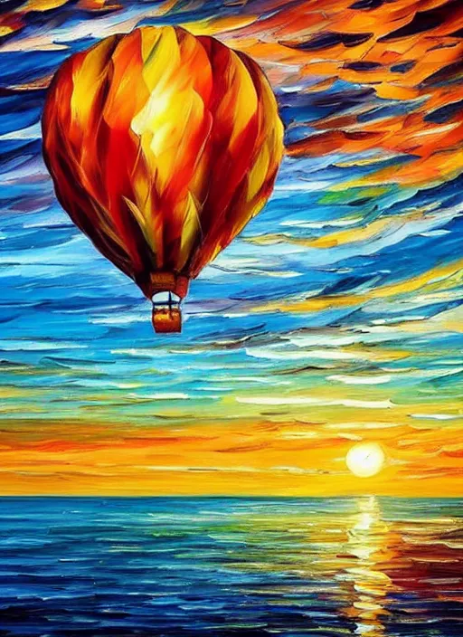 Image similar to beautiful hot air balloons over the ocean at sunset in the style of leonid afremov