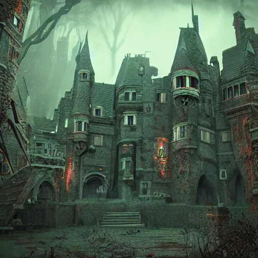 Image similar to a lovecraftian horror castle scene, cinematic, arstation, detailed, octane,