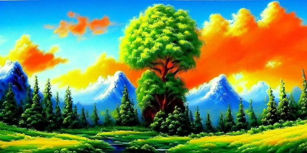 Image similar to a beautiful fantasy landscape art, orange clouds in the blue sky and green trees, snowy mountains, art by bob ross