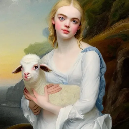 Image similar to professional painting of Elle Fanning in Santorini holding a white lamb in the style of Thomas Lawrence, head and shoulders portrait, symmetrical facial features, smooth, sharp focus, illustration, intricate, stormy weather, extremely detailed masterpiece,