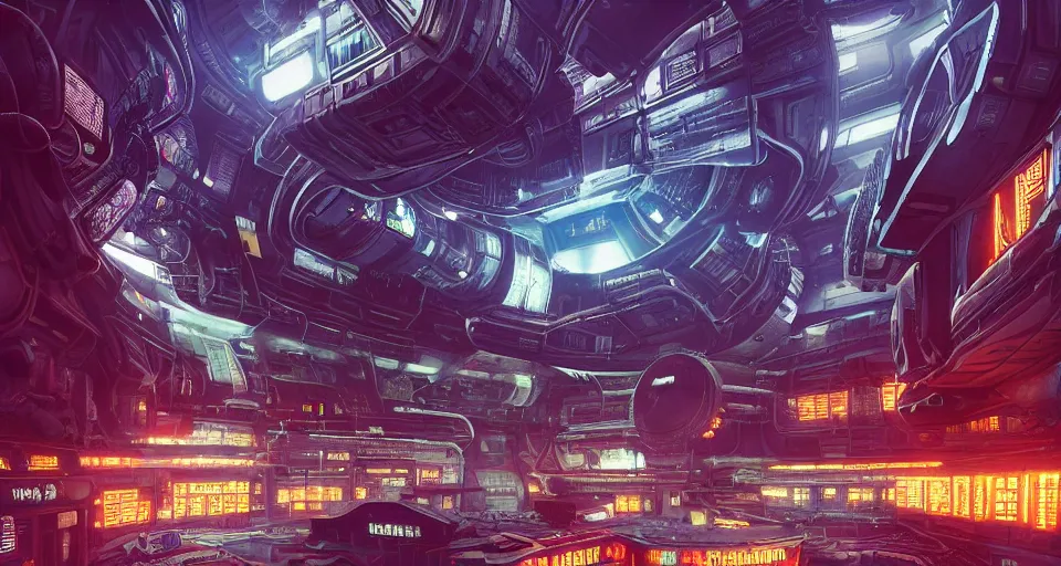 Prompt: a photoreal shanghai neon bladerunner cyberpunk las vegas city at night nuclear reactor core maschinen krieger mri machine millennium falcon space-station Vuutun Palaa with massive piping inspired by a nuclear reactor submarine, ilm, beeple, star citizen halo, mass effect, starship troopers, elysium, iron smelting pits, high tech industrial, saturated colours