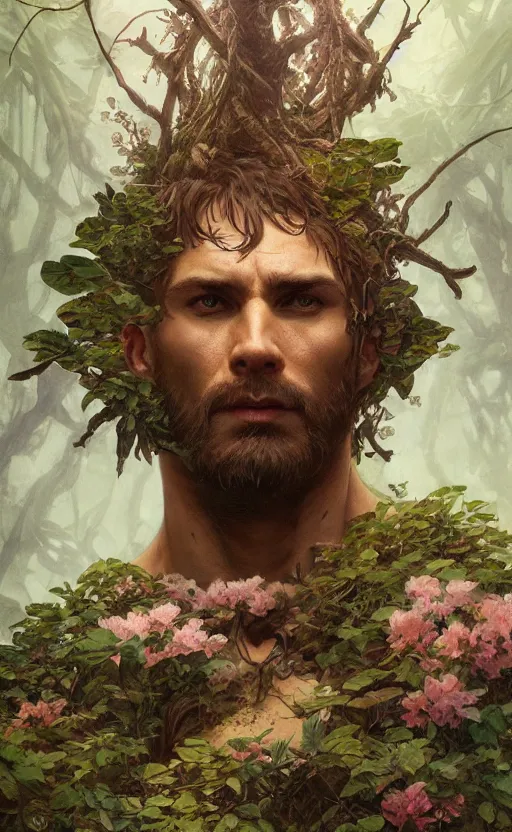 Image similar to god of the forest, 3 0 years old, rugged, handsome, male, detailed face, clean lines, atmospheric lighting, amazing, full body, flowers, muscular, intricate, highly detailed, digital painting, artstation, concept art, sharp focus, illustration, art by greg rutkowski and alphonse mucha