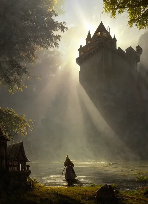 Prompt: small poor medieval castle, mist, sunrays, dust in the air, dnd character, unreal engine, octane render, dramatic lighting, pond, digital art, by stanley artgerm lau, greg rutkowski, thomas kindkade, alphonse mucha, loish, norman rockwell,