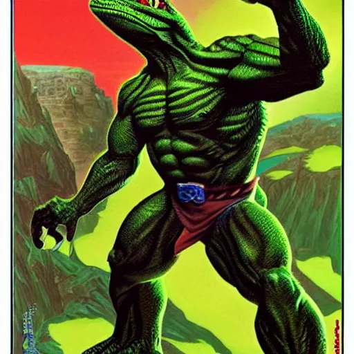Prompt: bright green lizardman warrior by greg hildebrandt. nintendo power hd poster from 9 0 s.