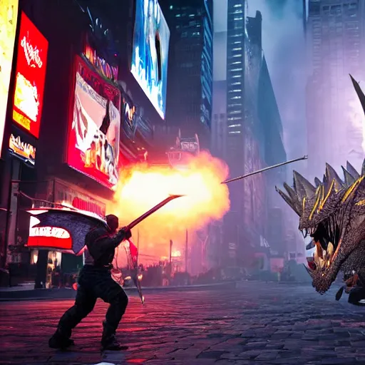 Image similar to a knight fighting a dragon in Times Square, unreal engine, 8k, photo realistic