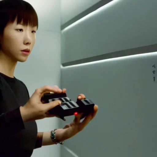 Prompt: a still of HoYeon Jung playing with a NES controller, in the movie Minority Report (2002), highly detailed and intricate, cinematic lighting, 4k HDR