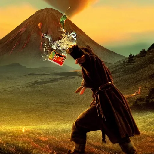 Image similar to Frodo throwing Mountain Dew into Mt Doom, photorealistic, film