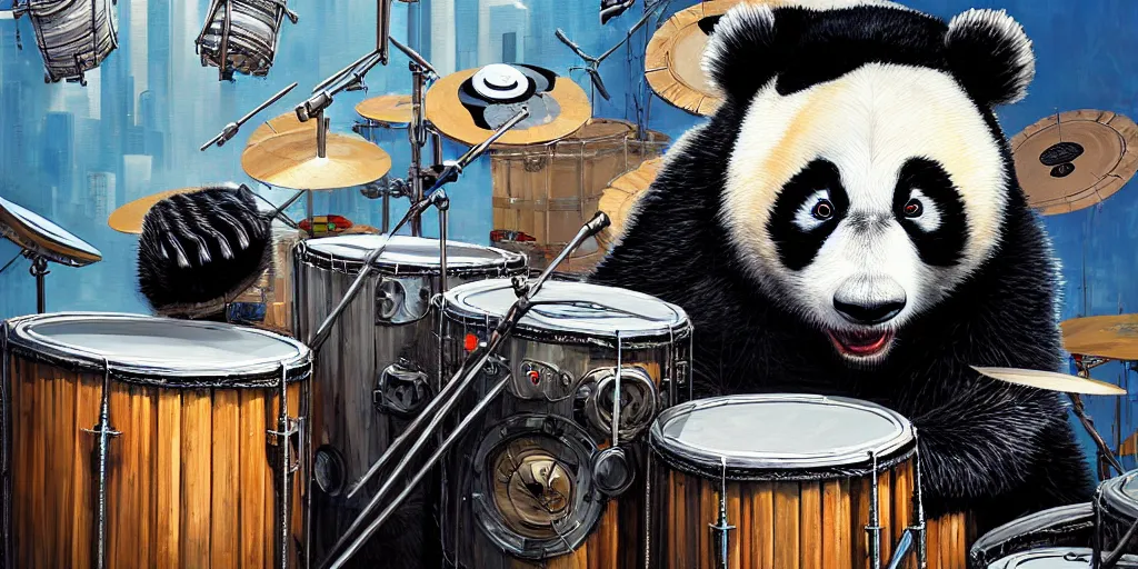Premium AI Image  A panda playing drums with a man playing drums.