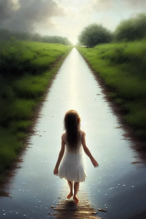 Image similar to a barefoot girl carries her shoes on reflective water and faint train tracks, large white clouds on a wide horizon, intricate, elegant, highly detailed, digital photo, artstation, concept art, smooth, sharp focus, low angle photo, art by artgerm and greg rutkowski and fra angelico
