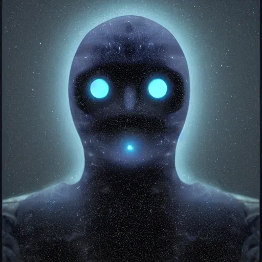 Image similar to award - winning. trending on artstation. 4 k. eerie tone. a faceless astral figure wearing a hooded cape made of the night sky with 1 dark blue glowing eye on its face. portrait.