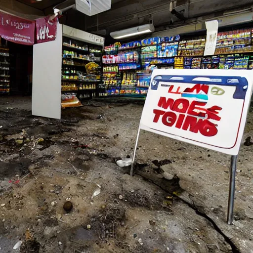 Image similar to a ransacked grocery store, broken signs, filthy flooring. Vines growing. Award-winning photo. OM system 12–40mm PRO II 40mm, 1/100 sec, f/2 8, ISO 800