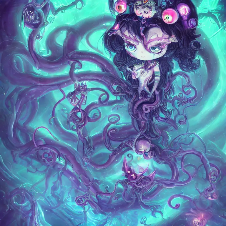 Image similar to A dark fairy from the Abyss. Lit from above. Thick Atmosphere. Sailor Moon. Tentacles. Cute. Kawaii. Chibi. Neon Accents. Bioluminescence. By Lisa Frank and HR Giger. Key Art. Fantasy Illustration. award winning, Artstation, intricate details, realistic, Hyperdetailed, 8k resolution.