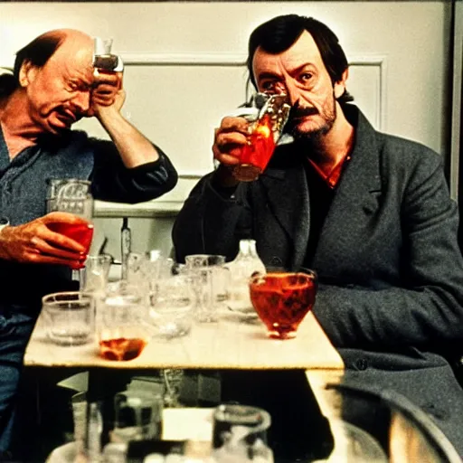 Prompt: andrei tarkovsky and stanley kubrick drinking vodka, realistic