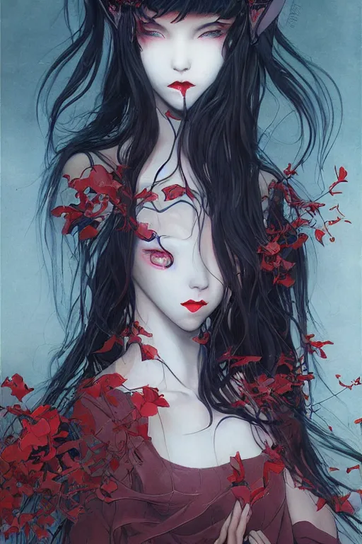 Image similar to vampire beautiful girl soft light painted by james jean and katsuhiro otomo and erik jones, inspired by evangeleon anime, smooth face feature, intricate oil painting, high detail illustration, sharp high detail, manga and anime 1 9 9 9