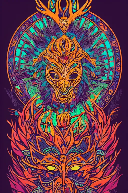 Image similar to animal mask totem roots flower tribal feather gemstone plant wood rock shaman vodoo video game vector cutout illustration vivid multicolor borderlands comics by josan gonzales and dan mumford radiating a glowing aura