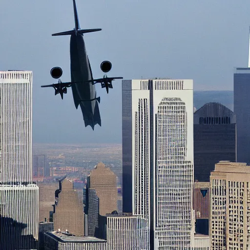 Image similar to Barney the Dinosaur flying a 777 right into one of the world trade center buildings