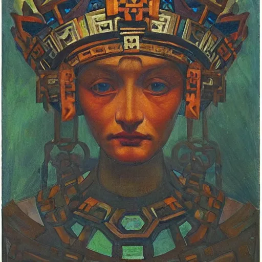 Image similar to the iron crown, by Annie Swynnerton and Nicholas Roerich and Diego Rivera, bioluminescent skin, elaborate costume, geometric ornament, symbolist, rich color, dramatic cinematic lighting, smooth, sharp focus, extremely detailed