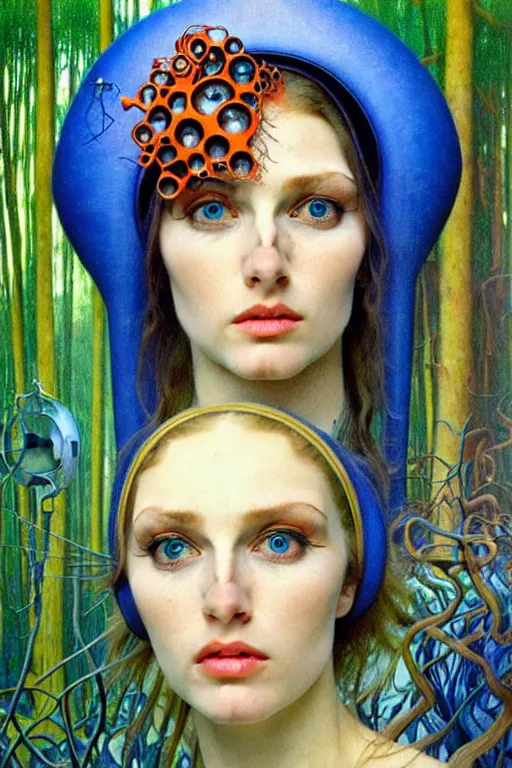 Prompt: realistic detailed face portrait painting of olexesh with sci-fi headwear, futuristic sci-fi forest on background by Jean Delville, Amano, Yves Tanguy, Alphonse Mucha, Edward Robert Hughes, Roger Dean, rich moody colours, blue eyes