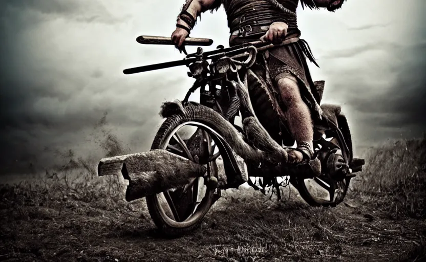 Image similar to old vintage full body photo of ancient viking warrior with full beard riding on the complex vintage punk engine with one wheel, extreme sports photography ,super high speed photography, dynamic photography,symmetrical face, clean face, muscular body, high speed,dirt and grawel in air, lens flares, dust partiles in the air, dramatic lighting, intricate, highly detailed, centered, smooth, sharp focus, sports photography, old photo, black and white, sepia, cinematic lighting, cinematic angle, national geographic