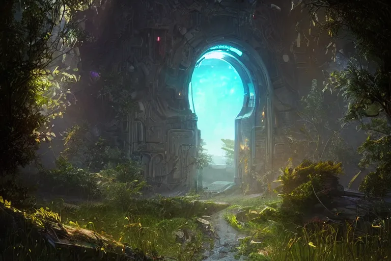 Prompt: ancient bright glowing epic portal to another dimension, scifi, glowing, slightly overgrown, lush, beautiful, cinematic, futuristic, gate, artstation, mattepainting