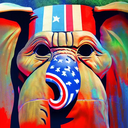 Image similar to elephant yoda patriot potus, modern art placed in a large living room, art designers magazine HD photo superrealism 3d 8k resolution