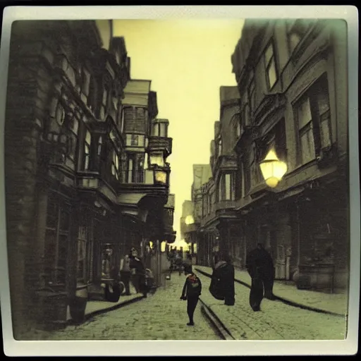 Image similar to a street level Polaroid of a steampunk victorian city street, with people walking on the streets, at night