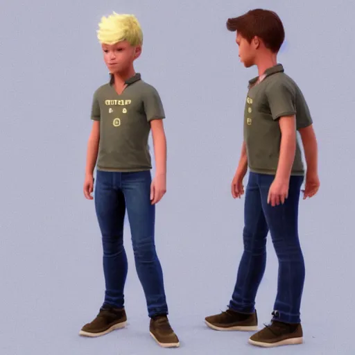 Image similar to full body unreal engine 5 render of a blonde boy with a highly detailed face