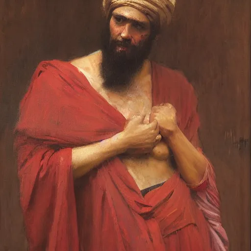 Image similar to Solomon Joseph Solomon and Richard Schmid and Jeremy Lipking Middle eastern genre painting portrait painting of a young handsome man in ancient Canaanite costume, red background