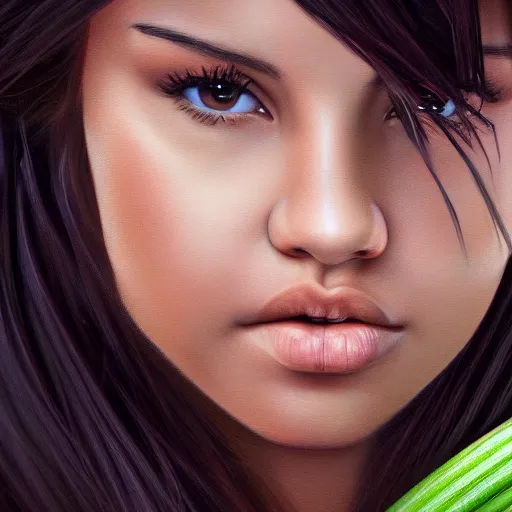 Image similar to photorealistic digital painting of selena gomez as celery hybrid mutant, hd, artstation, 4 k wallpaper