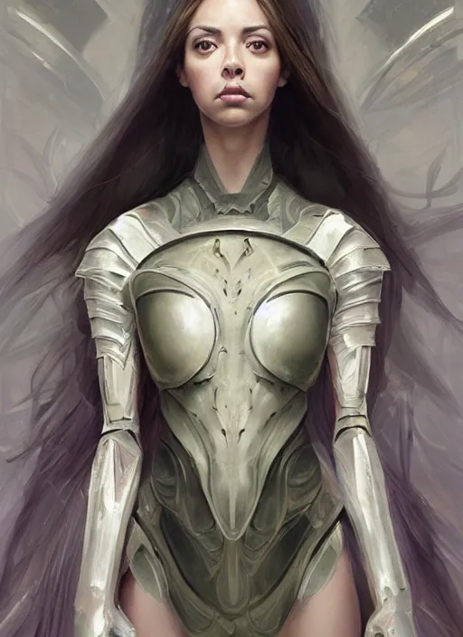 Image similar to a professional painting of a beautiful young female alien, clothed in ethereal armor, olive skin, long dark hair, beautiful bone structure, symmetrical facial features, intricate, elegant, digital painting, concept art, smooth, sharp focus, illustration, from Valerian and the City of a Thousand Planets, by Ruan Jia and Mandy Jurgens and Artgerm and William-Adolphe Bouguerea