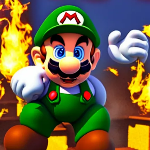 Prompt: an official render of super mario looking at the camera striking a pose, hat ablaze, black background, faint lighting