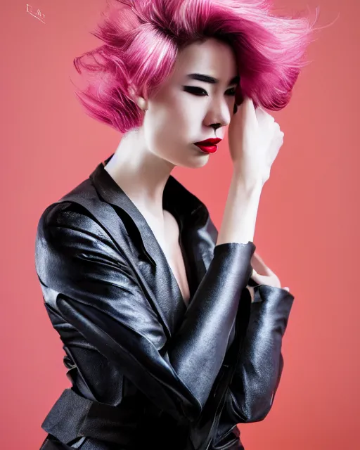 Prompt: androgynous portrait, close-up, high sharpness, zeiss lens, fashion photo shoot, peony flowers, pink hair, red lipstick, on metal background, Annie Leibovitz and Steve McCurry, David Lazar, Zhong Lin, Jimmy Nelsson, Eiko Hosoe , artistic, hyper-realistic, beautiful face, octane rendering