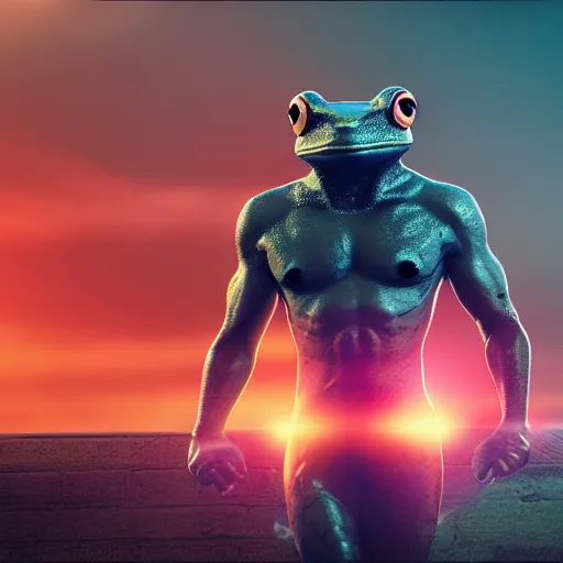 Prompt: samurai frog, marvel, red shift, octane, sunset background blurred
