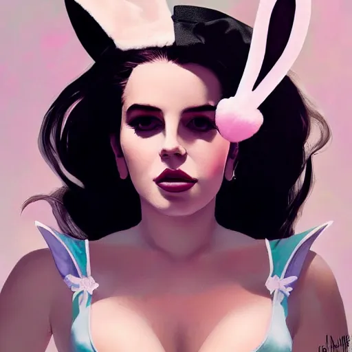 Image similar to detailed photo of lana del rey wearing a playboy bunny outfit, bunny ears, 8 k, by greg rutkowski, artgerm, in the style of playboy magazine